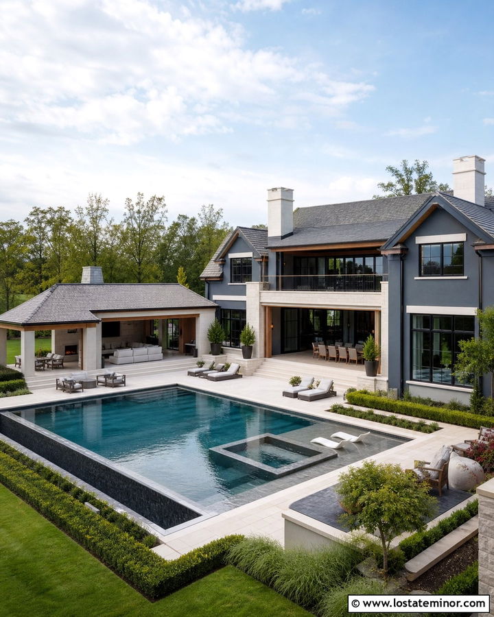 Dusty Blue Luxury House With Resort Pool - 30 Dusty Blue House Design With Swimming Pool Ideas
