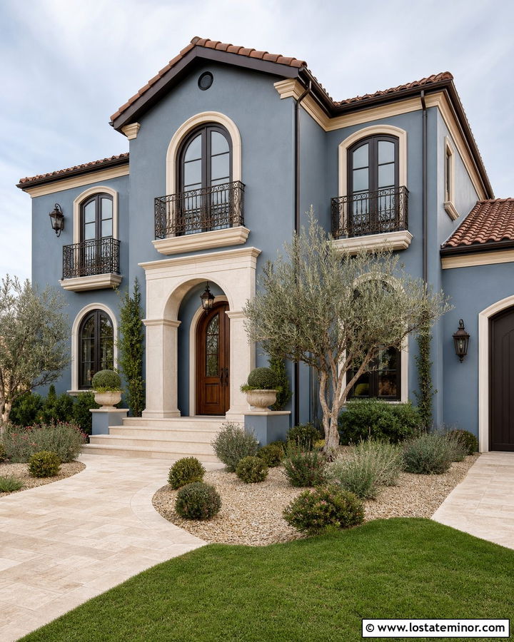 Dusty Blue Mediterranean House With Bronze Window Frames - 30 Dusty Blue House Design With Window Frames Ideas