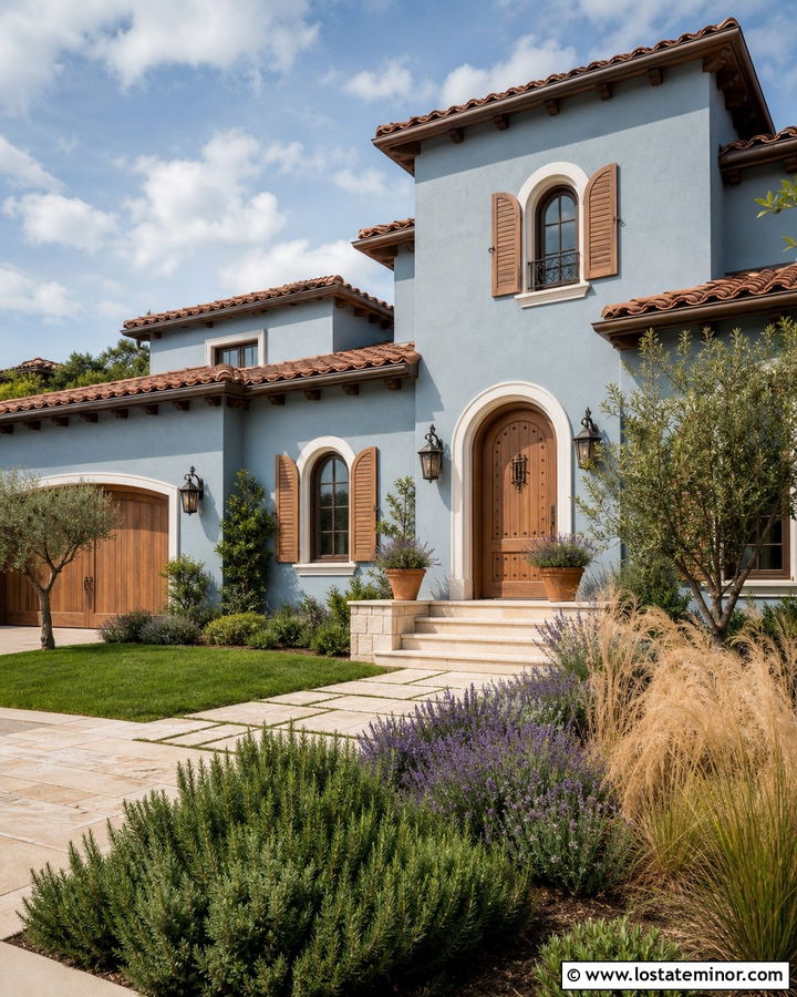 Dusty Blue Mediterranean House With Clay Shutters - 30 Dusty Blue House Design With Shutters Ideas