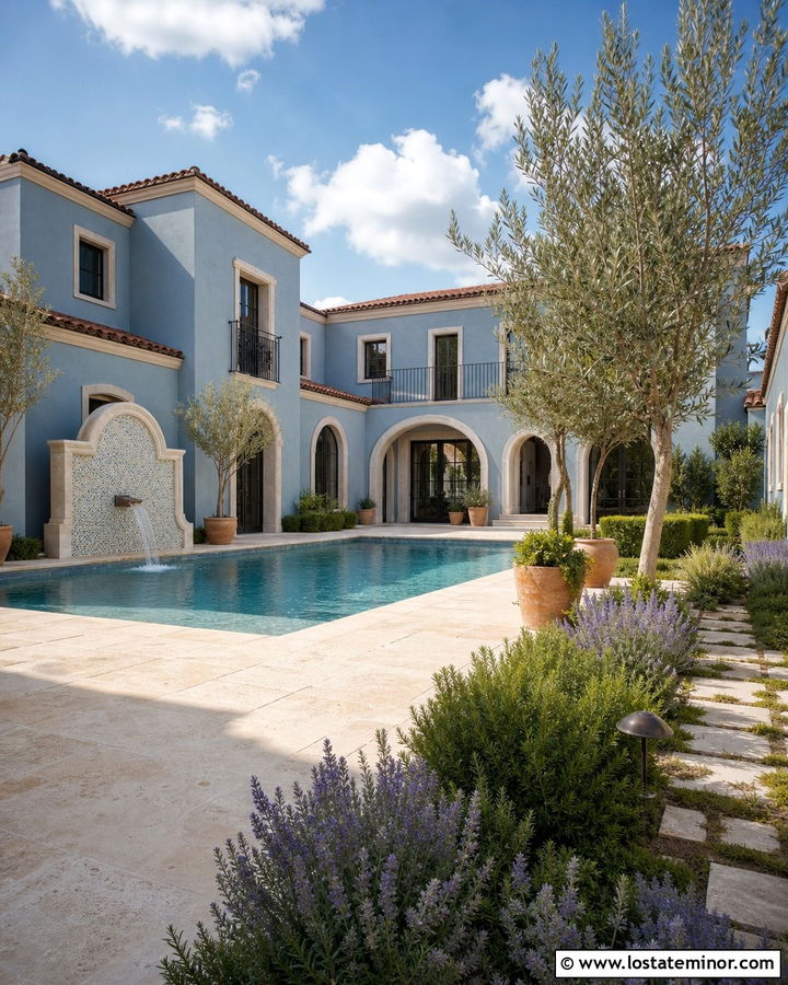 Dusty Blue Mediterranean House With Courtyard Pool - 30 Dusty Blue House Design With Swimming Pool Ideas