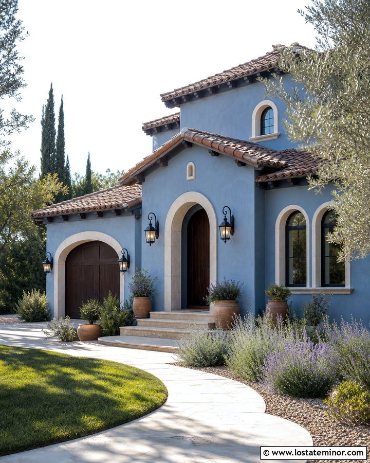Dusty Blue Mediterranean House With Iron Sconces - 30 Dusty Blue House Design With Light Fixtures Ideas