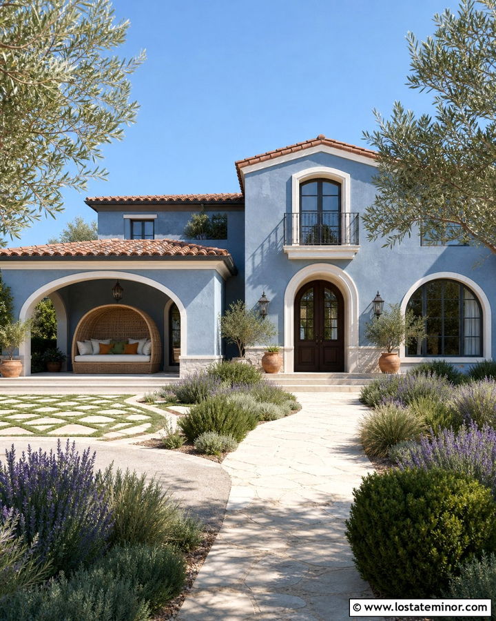 Dusty Blue Mediterranean House With Rattan Daybed - 30 Dusty Blue House Design With Daybed Ideas