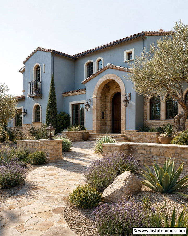 Dusty Blue Mediterranean House With Stone Arches - 30 Dusty Blue House Design With Stone Accents Ideas