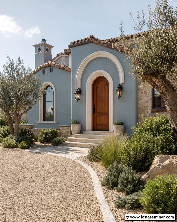 Dusty Blue Mediterranean House With Terracotta Door - 30 Dusty Blue House Design With Entry Door Ideas