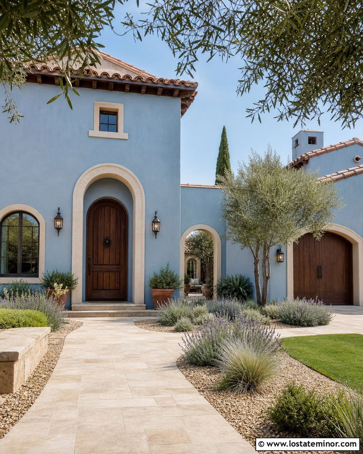 Dusty Blue Mediterranean House With Travertine Walkway - 30 Dusty Blue House Design With Walkway Ideas