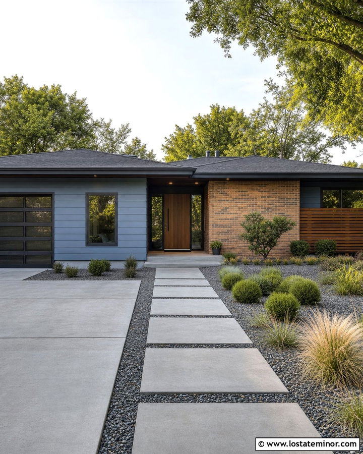 Dusty Blue Mid Century House With Brick Wall - 30 Dusty Blue House Design With Brick Accents Ideas