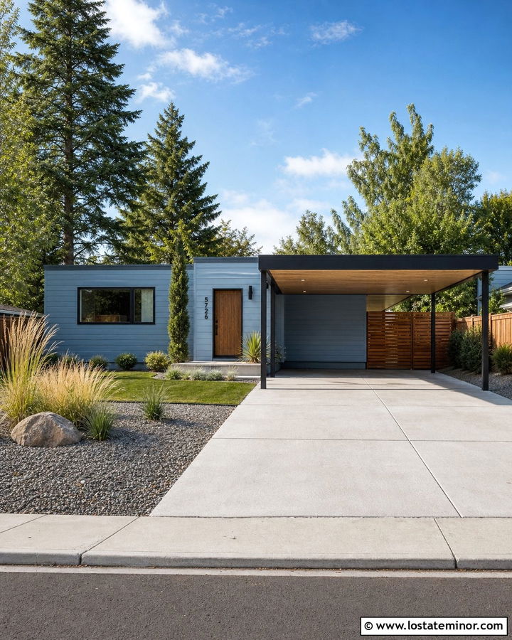 Dusty Blue Mid Century House With Flat Roof Carport - 30 Dusty Blue House Design With Carport Ideas