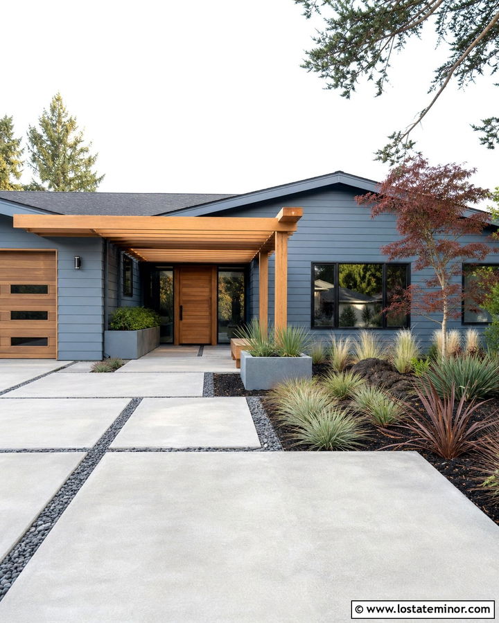 Dusty Blue Mid Century House With Pergola - 30 Dusty Blue House Design With Pergola Ideas