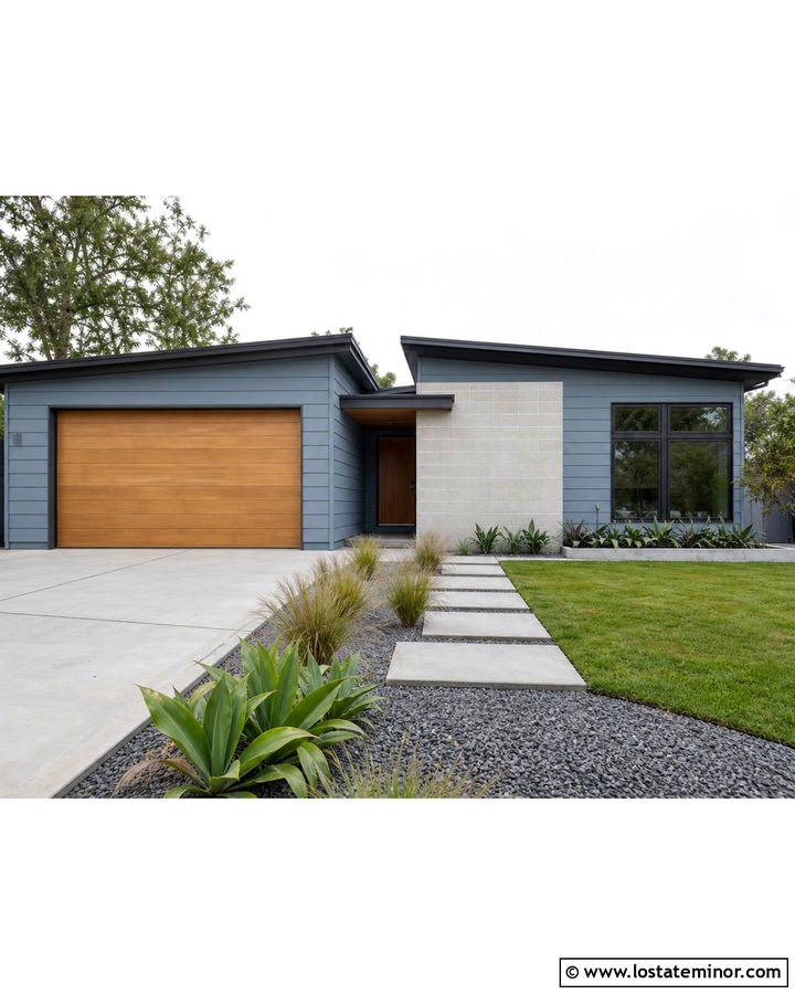 Dusty Blue Mid Century House With Wood Garage Door - 30 Dusty Blue House Design With Garage Door Ideas