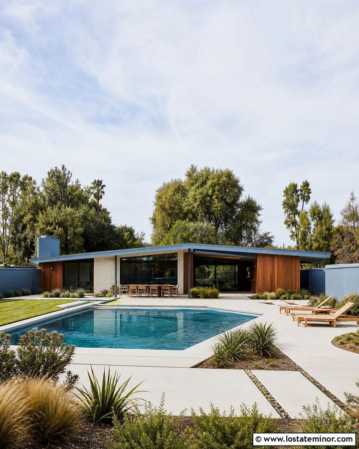 Dusty Blue Midcentury House With Geometric Pool - 30 Dusty Blue House Design With Swimming Pool Ideas