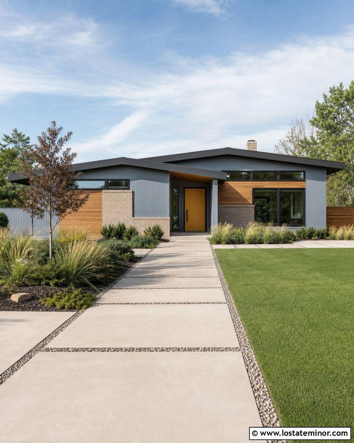 Dusty Blue Midcentury House With Grid Paver Driveway - 30 Dusty Blue House Design With Driveway Ideas