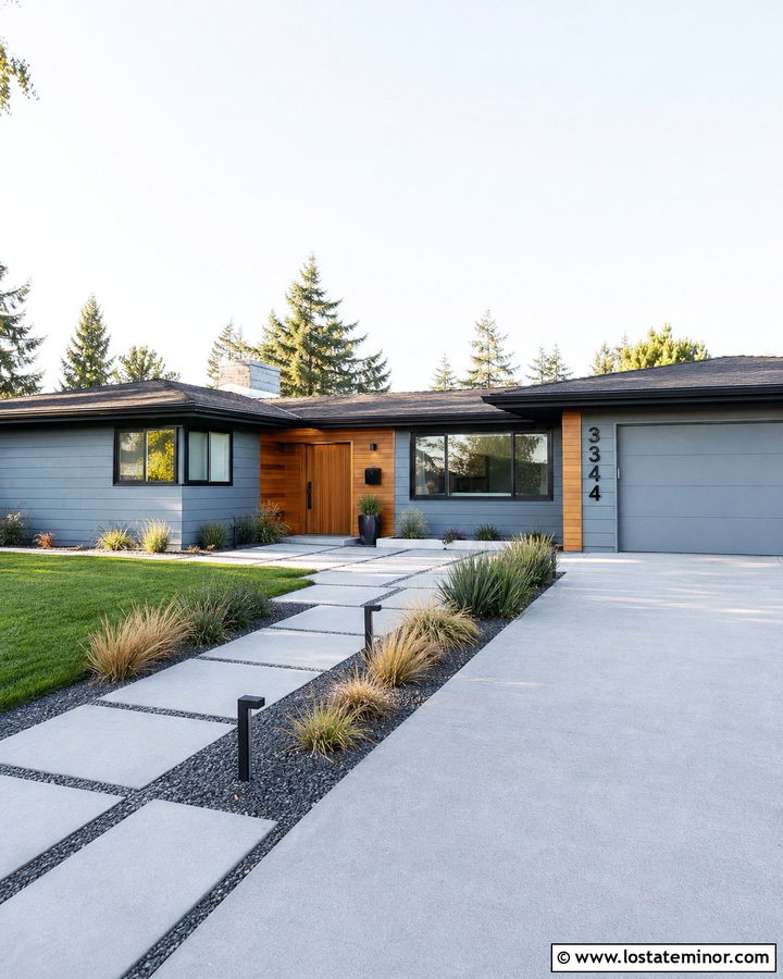 Dusty Blue Midcentury House With Grid Walkway - 30 Dusty Blue House Design With Walkway Ideas