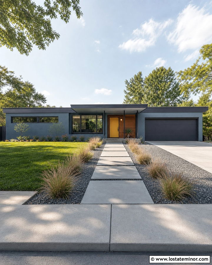 Dusty Blue Midcentury House With Modern Porch - 30 Dusty Blue House Design With Front Porch Ideas