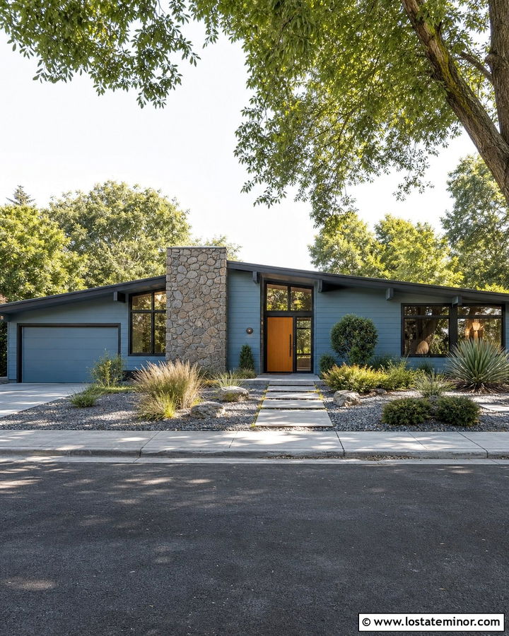 Dusty Blue Midcentury House With Stone Wall - 30 Dusty Blue House Design With Stone Accents Ideas