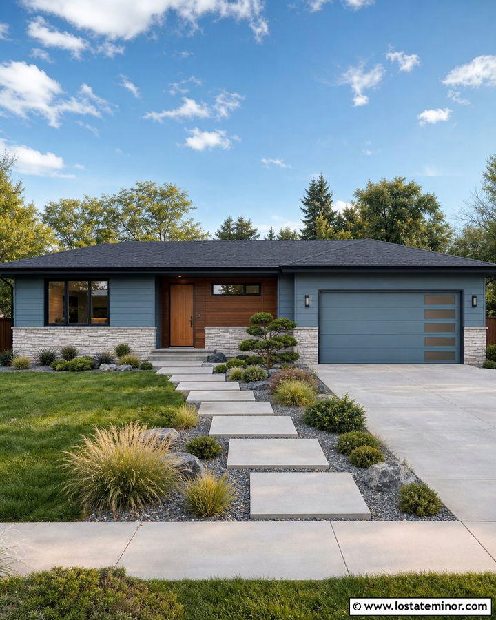 Dusty Blue Midcentury Ranch With Linear Stone Wainscoting - 30 Dusty Blue House Design With Wainscoting Ideas