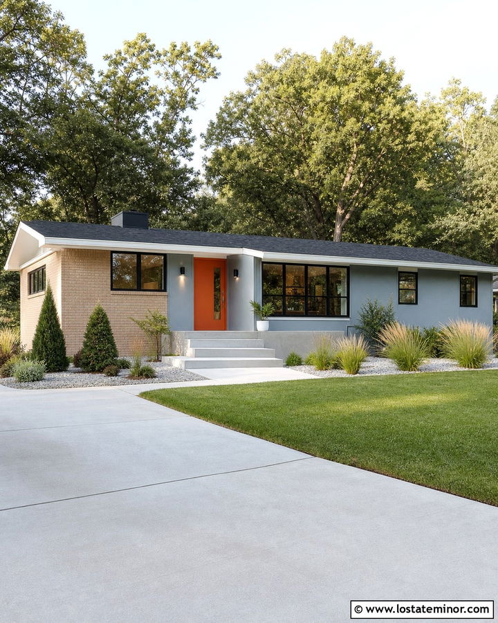 Dusty Blue Midcentury Ranch With Orange Door - 30 Dusty Blue House Design With Entry Door Ideas