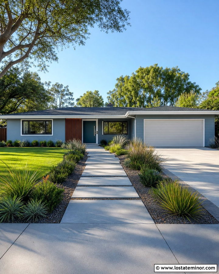 Dusty Blue Midcentury Ranch With Teal Door - 30 Dusty Blue House Design With Accents Ideas