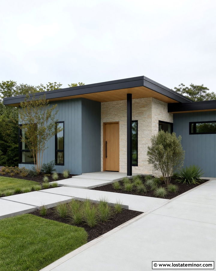 Dusty Blue Minimalist House With White Oak Door - 30 Dusty Blue House Design With Entry Door Ideas
