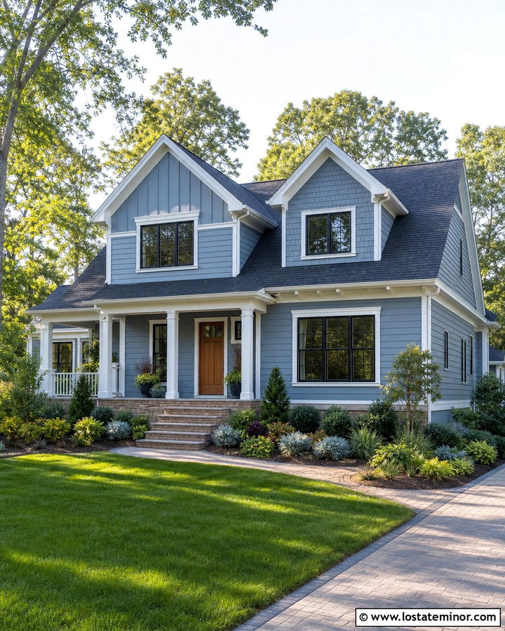 Dusty Blue Mixed Siding Exterior - 30 Dusty Blue House Design With Siding Ideas
