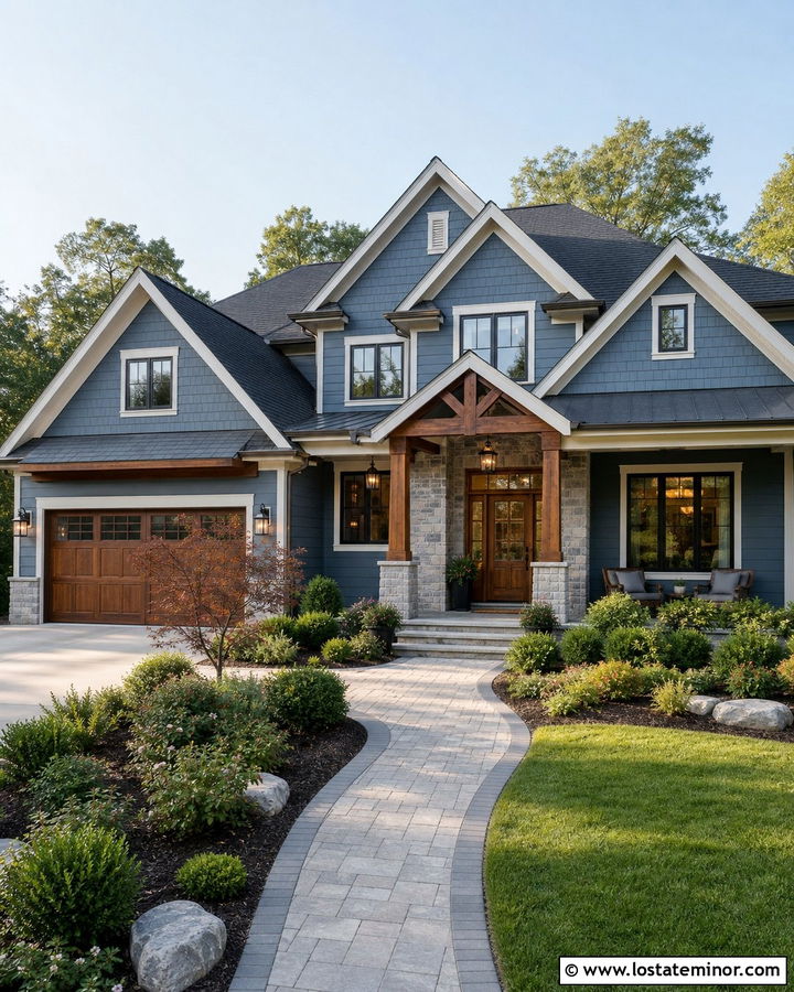 Dusty Blue Mixed Siding House With Stone Accents - 30 Dusty Blue House Design With Accents Ideas