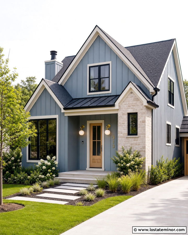 Dusty Blue Modern Cottage With Brass Globe Lights - 30 Dusty Blue House Design With Light Fixtures Ideas