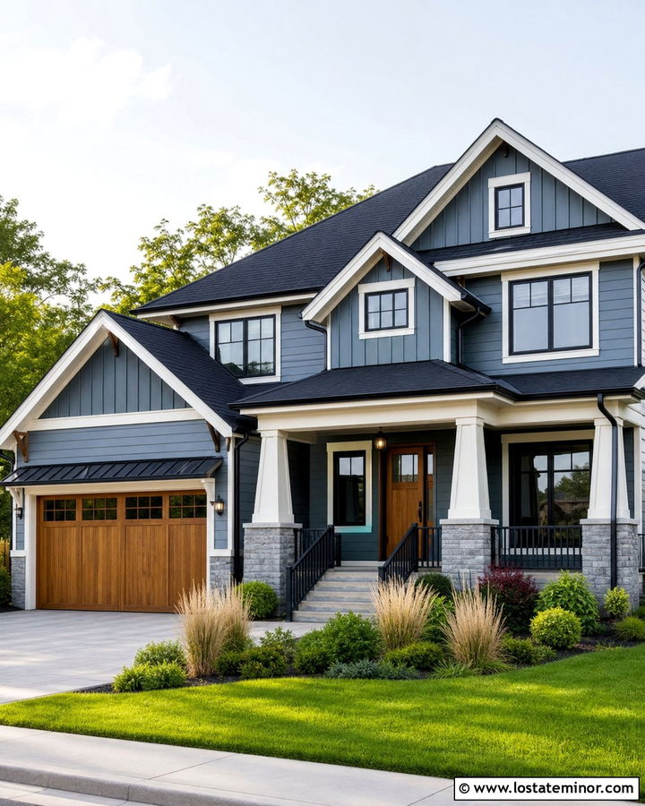 Dusty Blue Modern Craftsman With Black Window Frames - 30 Dusty Blue House Design With Window Frames Ideas