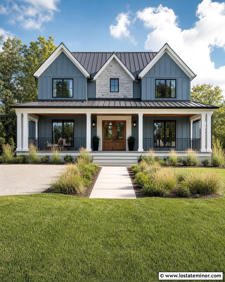 Dusty Blue Modern Farmhouse Front Porch - 30 Dusty Blue House Design With Front Porch Ideas
