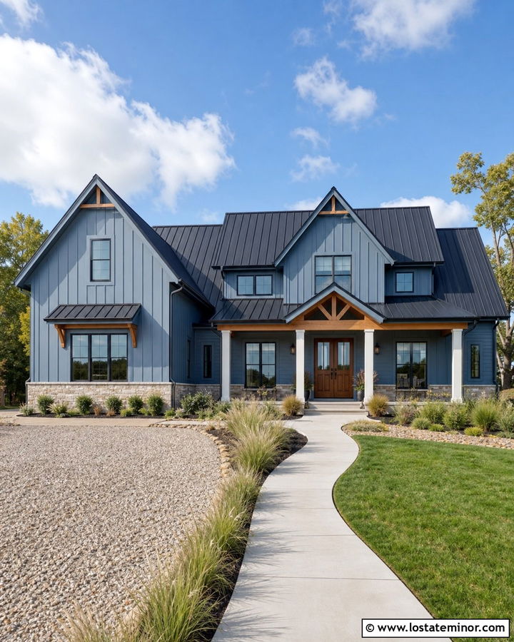 Dusty Blue Modern Farmhouse With Black Gables - 30 Dusty Blue House Design With Gables Ideas