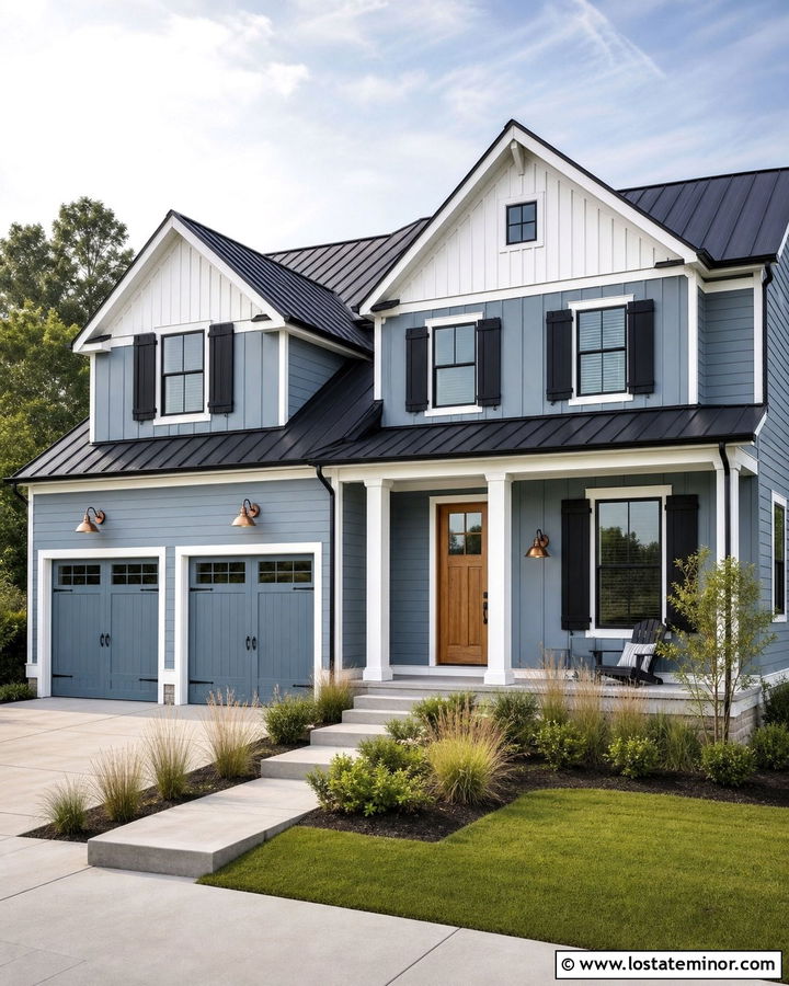 Dusty Blue Modern Farmhouse With Black Shutters - 30 Dusty Blue House Design With Shutters Ideas