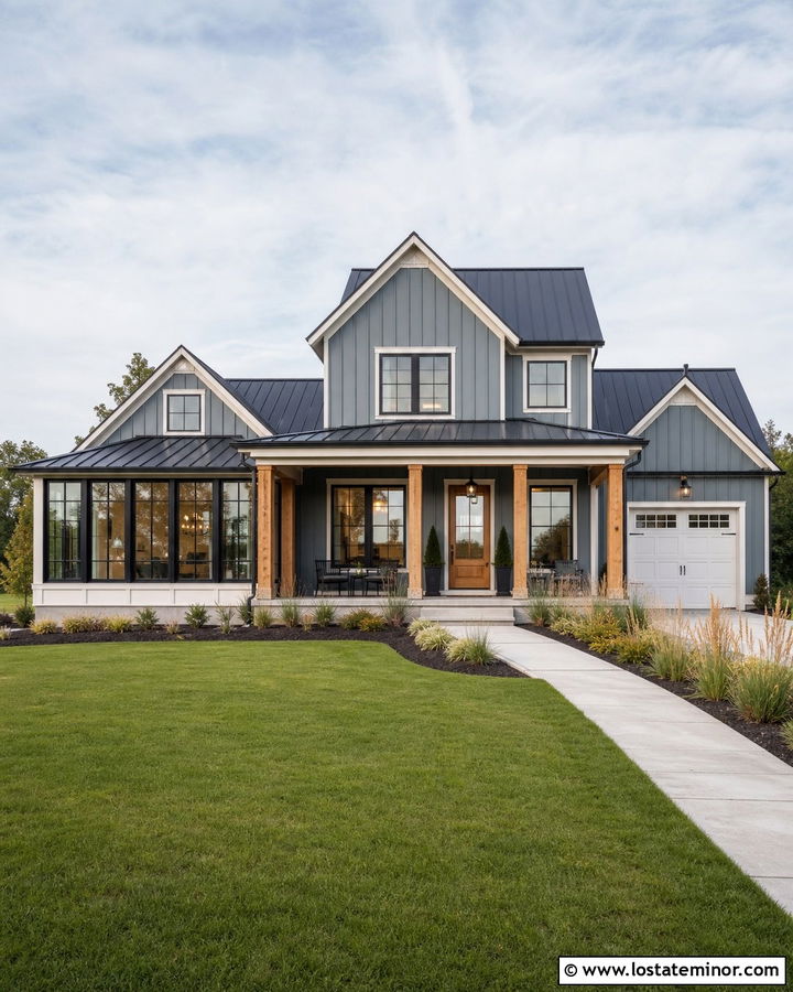 Dusty Blue Modern Farmhouse With Black Sunroom Windows - 30 Dusty Blue House Design With Sunroom Ideas