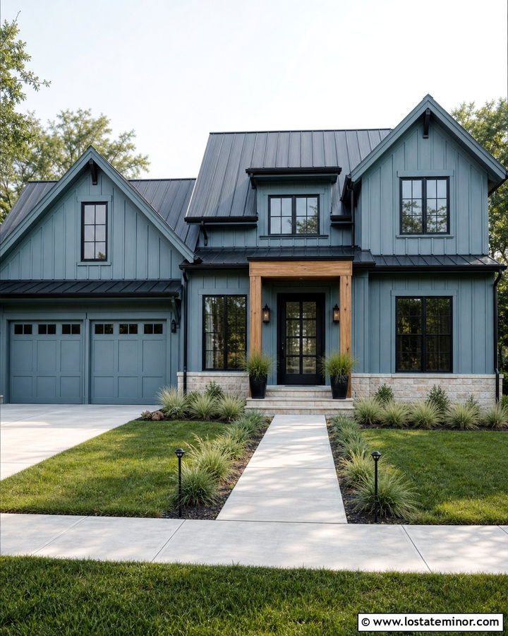 Dusty Blue Modern Farmhouse With Black Trim - 30 Dusty Blue House Design With Trim Ideas