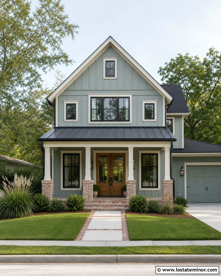Dusty Blue Modern Farmhouse With Brick Porch - 30 Dusty Blue House Design With Brick Accents Ideas
