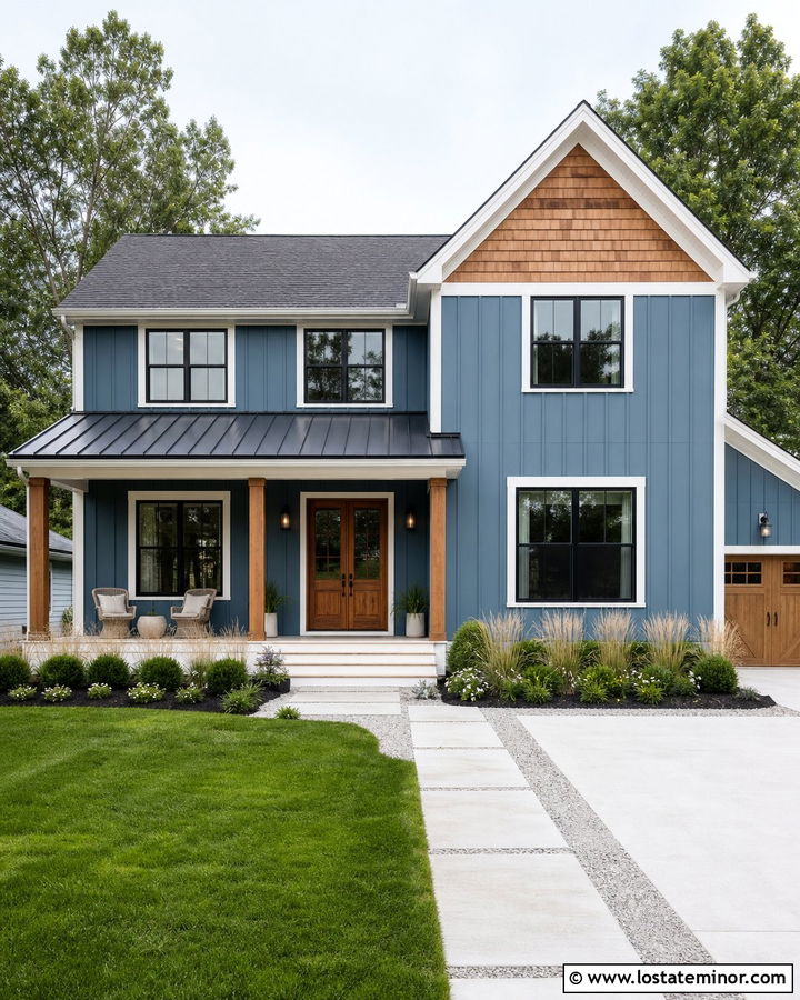 Dusty Blue Modern Farmhouse With Cedar Shake - 30 Dusty Blue House Design With Cedar Shake Ideas