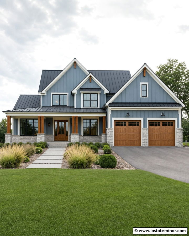 Dusty Blue Modern Farmhouse With Ledgestone Wainscoting - 30 Dusty Blue House Design With Wainscoting Ideas