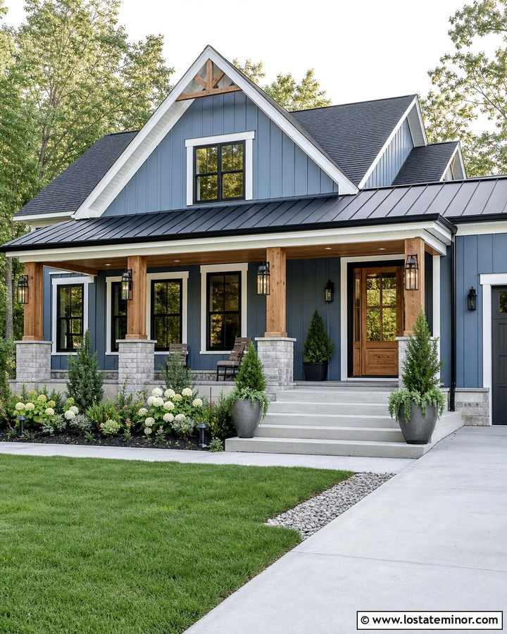 Dusty Blue Modern Farmhouse With Mixed Material Columns - 30 Dusty Blue House Design With Porch Columns Ideas