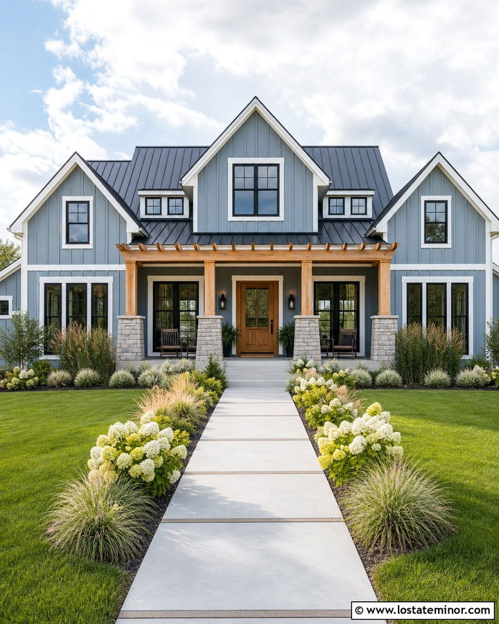 Dusty Blue Modern Farmhouse With Pergola - 30 Dusty Blue House Design With Pergola Ideas