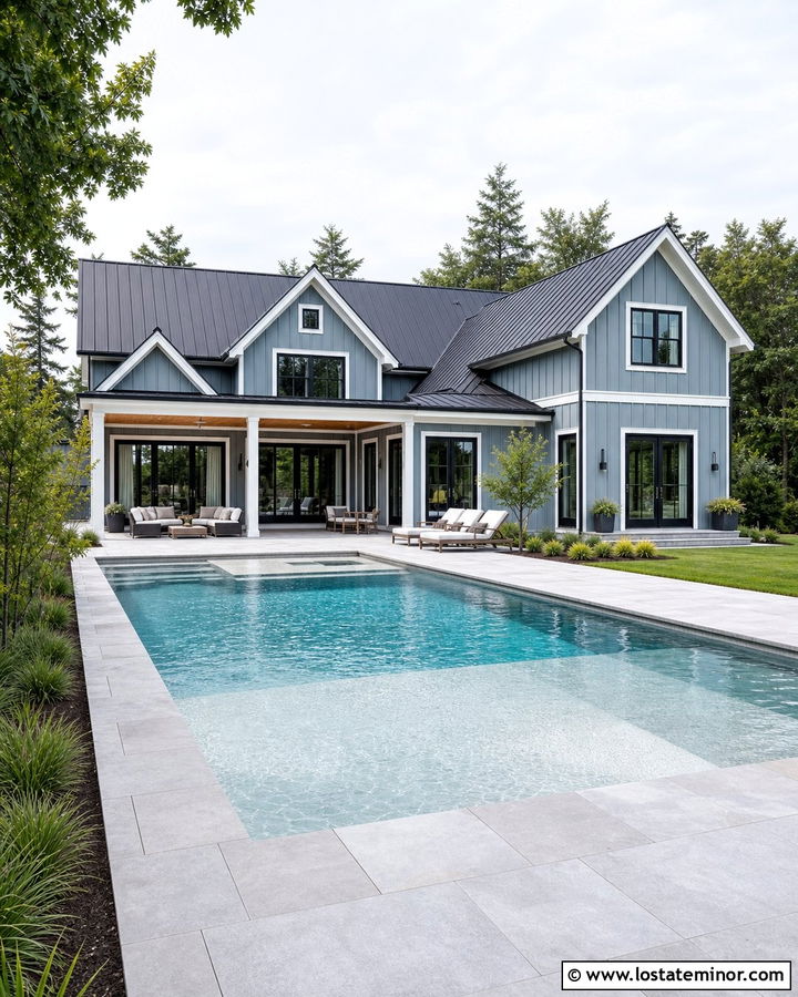 Dusty Blue Modern Farmhouse With Rectangular Pool - 30 Dusty Blue House Design With Swimming Pool Ideas