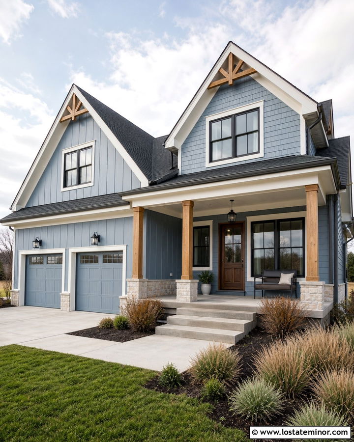 Dusty Blue Modern Farmhouse With Shingle Gables - 30 Dusty Blue House Design With Shingles Ideas