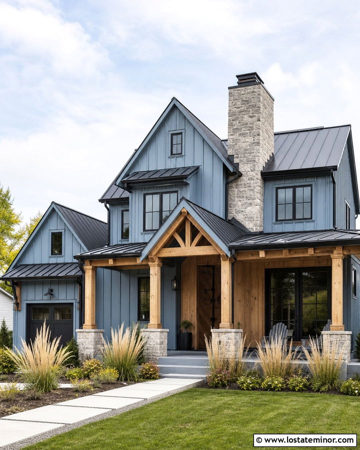 Dusty Blue Modern Farmhouse With Stone Chimney - 30 Dusty Blue House Design With Chimney Ideas