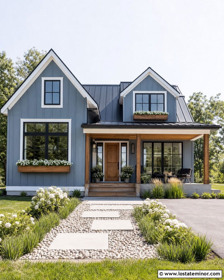 Dusty Blue Modern Farmhouse With Wood Window Boxes - 30 Dusty Blue House Design With Window Boxes Ideas