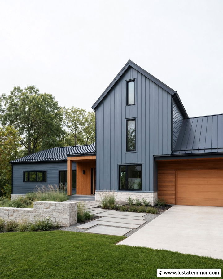 Dusty Blue Modern House With Asymmetrical Gables - 30 Dusty Blue House Design With Gables Ideas