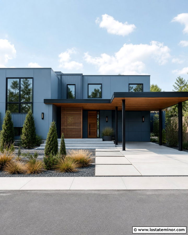 Dusty Blue Modern House With Black Steel Carport - 30 Dusty Blue House Design With Carport Ideas