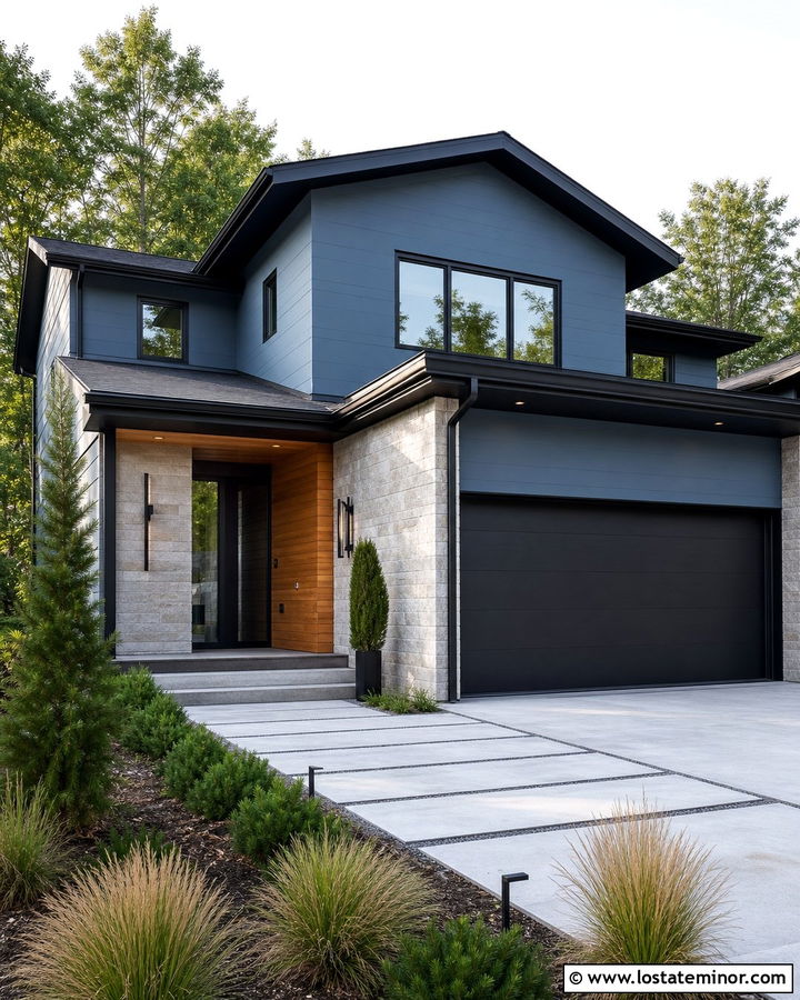 Dusty Blue Modern House With Charcoal Garage Door - 30 Dusty Blue House Design With Garage Door Ideas