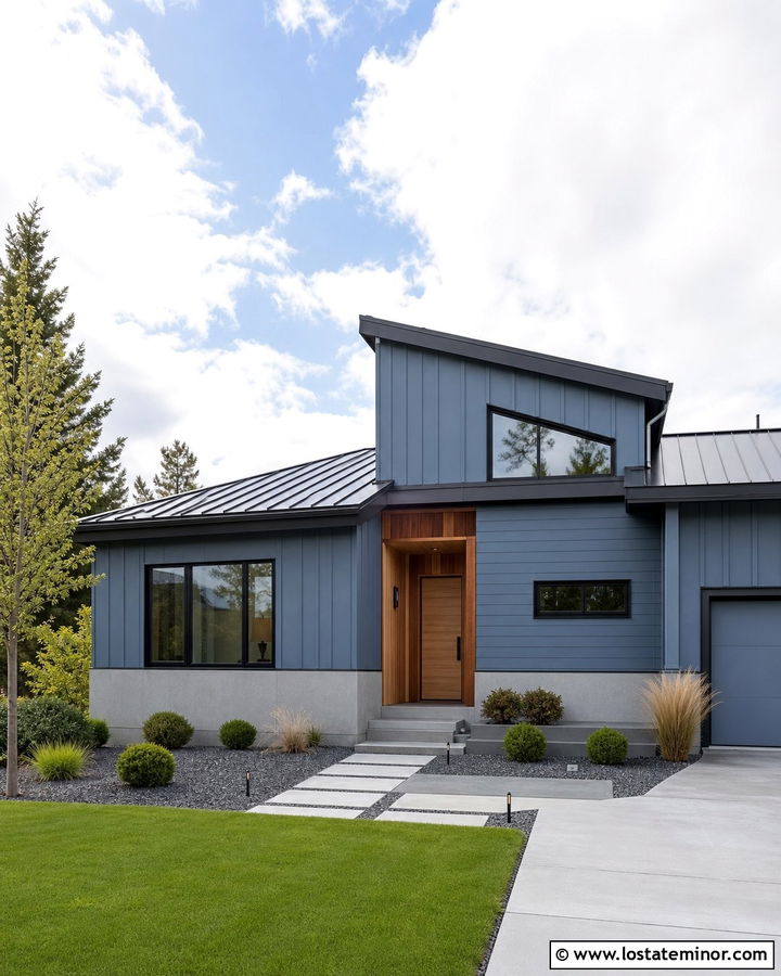 Dusty Blue Modern House With Concrete Wainscoting - 30 Dusty Blue House Design With Wainscoting Ideas