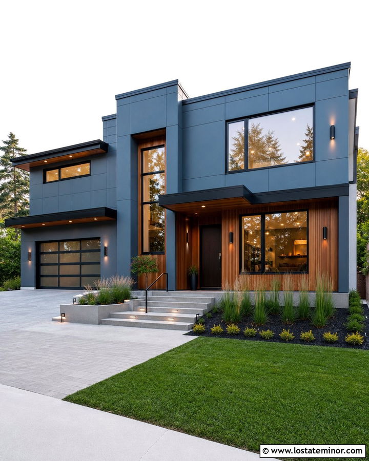 Dusty Blue Modern House With Cylinder Lights - 30 Dusty Blue House Design With Lighting Ideas
