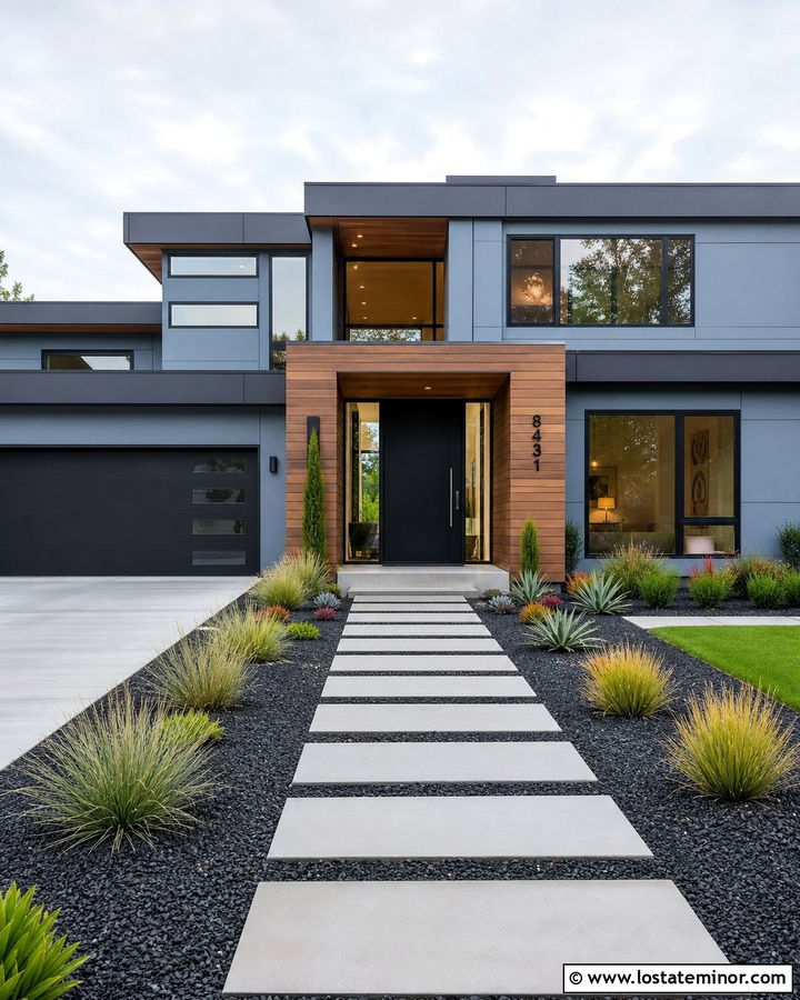 Dusty Blue Modern House With Floating Concrete Walkway - 30 Dusty Blue House Design With Walkway Ideas