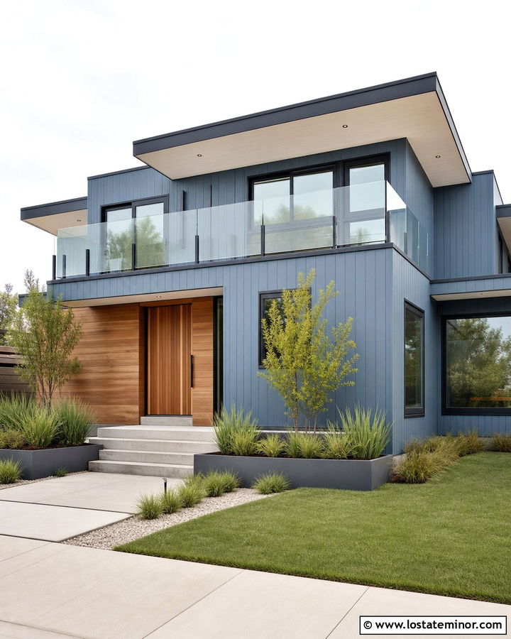 Dusty Blue Modern House With Glass Railings - 30 Dusty Blue House Design With Railings Ideas