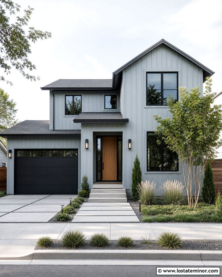Dusty Blue Modern House With Minimal Front Yard - 30 Dusty Blue House Design With Front Yard Ideas