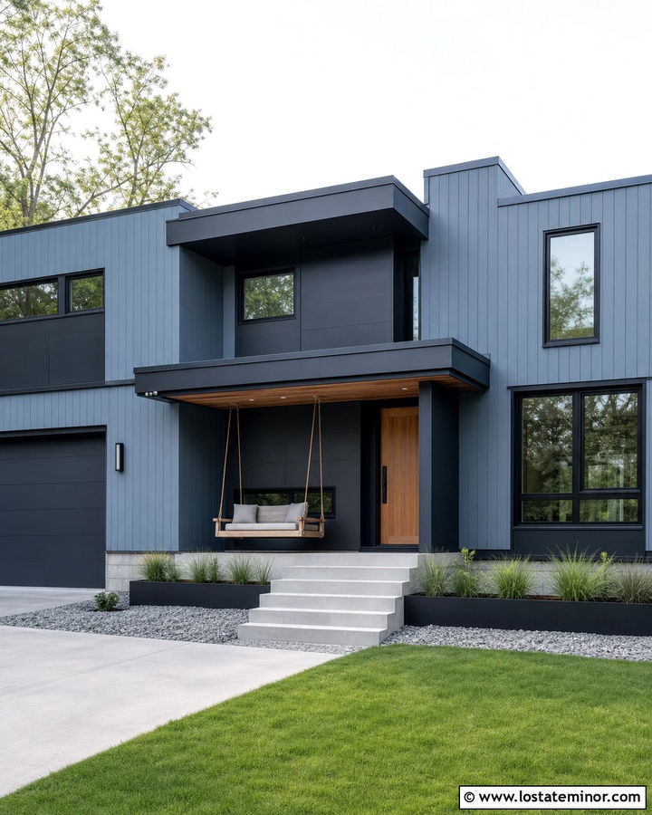 Dusty Blue Modern House With Platform Swing - 30 Dusty Blue House Design With Swing Ideas