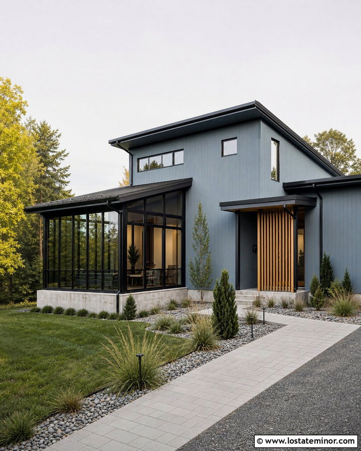Dusty Blue Modern House With Shed Roof Sunroom - 30 Dusty Blue House Design With Sunroom Ideas